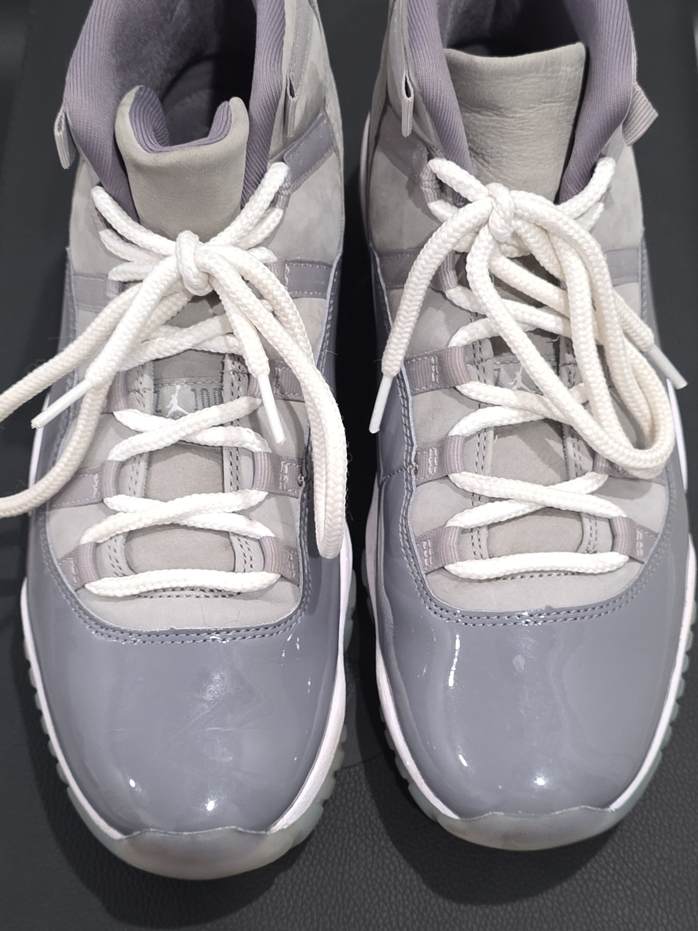 Grey Patent and Suede High-Top Sneakers with White Laces